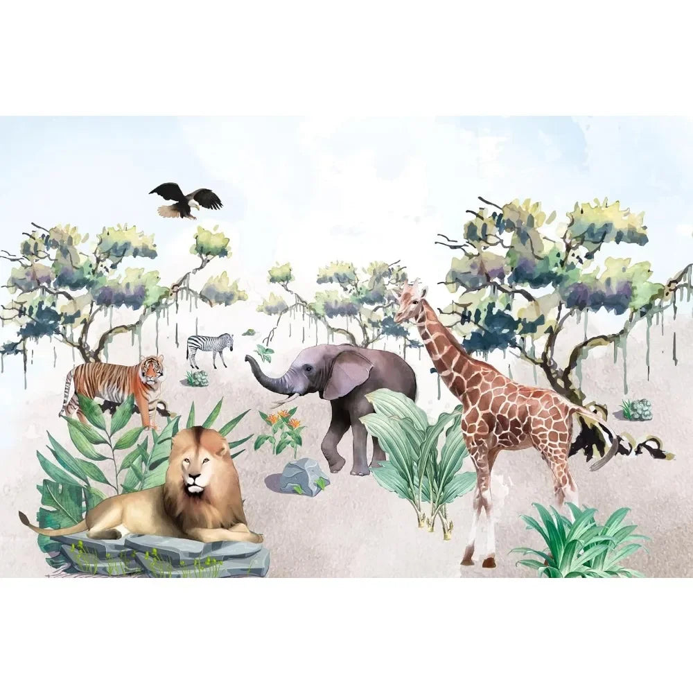 Safari Animal Elephant Giraffe Lion Wallpaper Jungle Wall Mural for Kids Removable Peel and Stick Nonwoven Nursery Kids Room