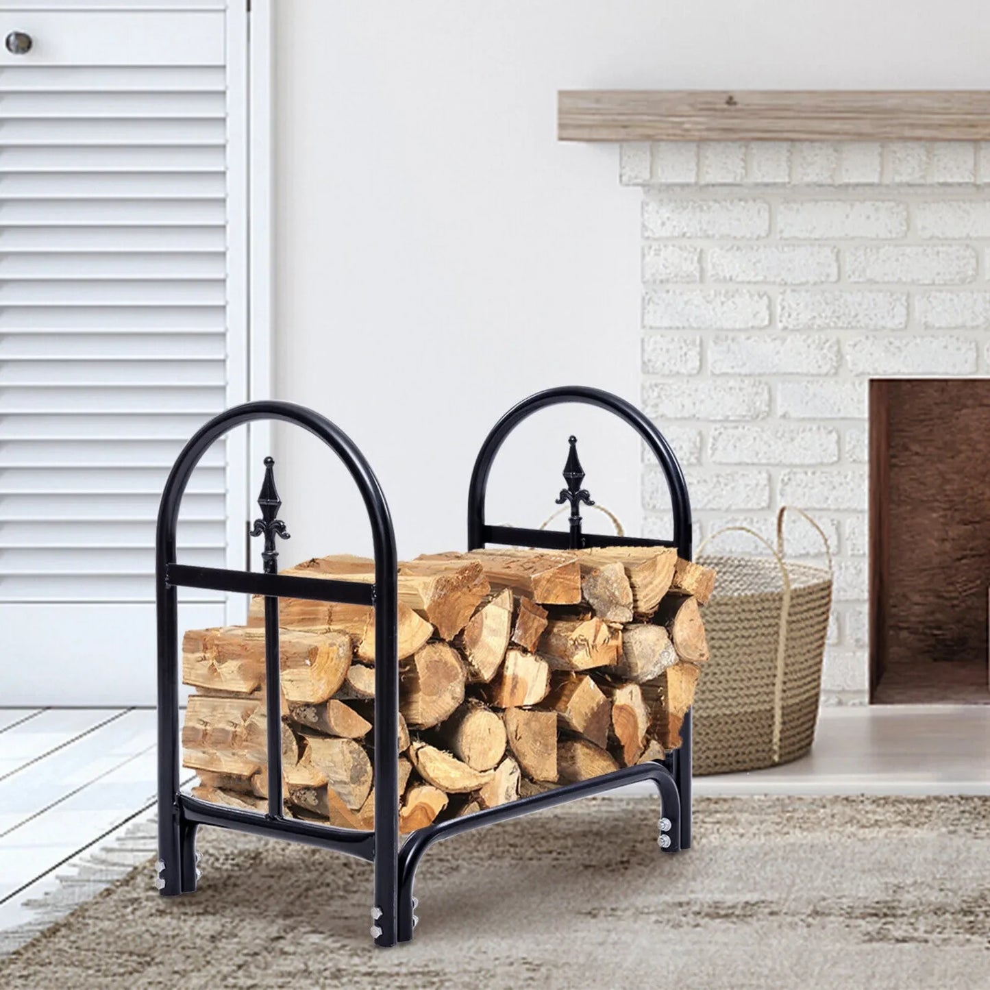 Outdoor Steel Firewood Log Rack Wood Storage Holder Black Heavy Duty