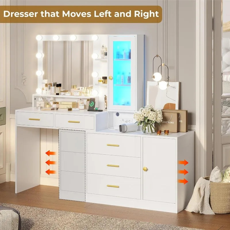 Vanity Desk with Mirror and Lights, Makeup Vanity with Lights & Charging Station, White Vanity with Ambient Light