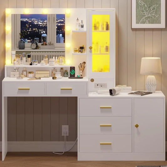 Vanity Desk with Mirror and Lights, Makeup Vanity with Lights & Charging Station, White Vanity with Ambient Light