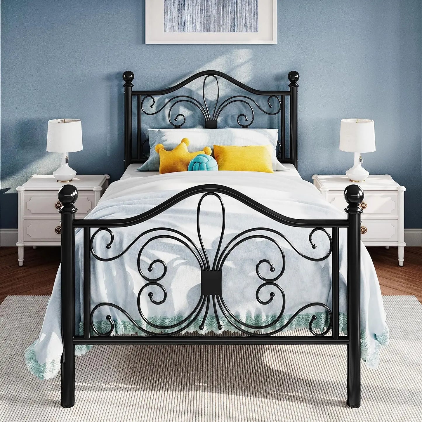 SHA CERLIN Twin Size Bed Frame for Kids,Metal Bed Frame with Butterfly Pattern Design Headboard & Footboard,No Box Spring Needed