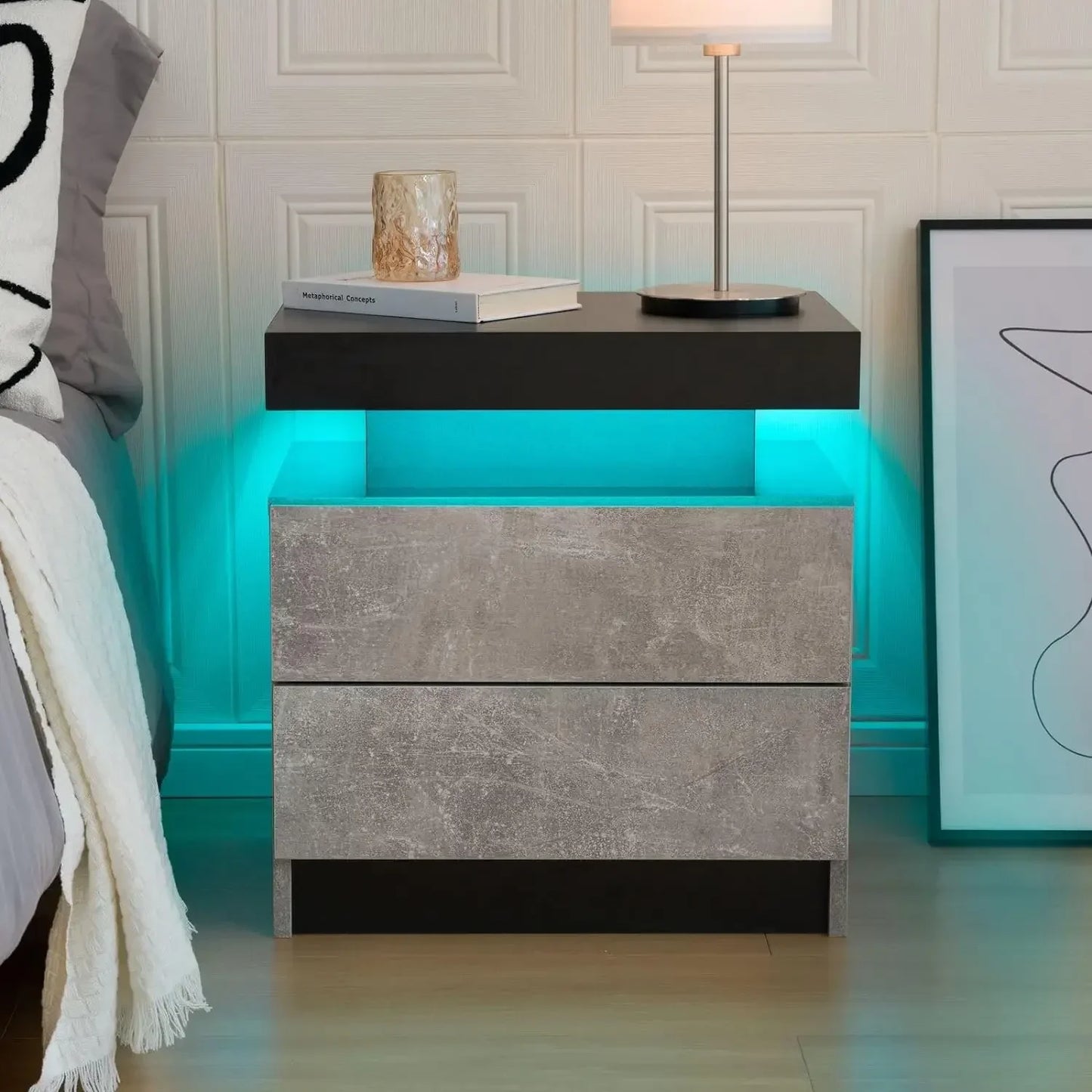 LED Nightstands with 2 Drawers, End Table with RGB LED Lights for Bedroom Living Room, White Bedside Table