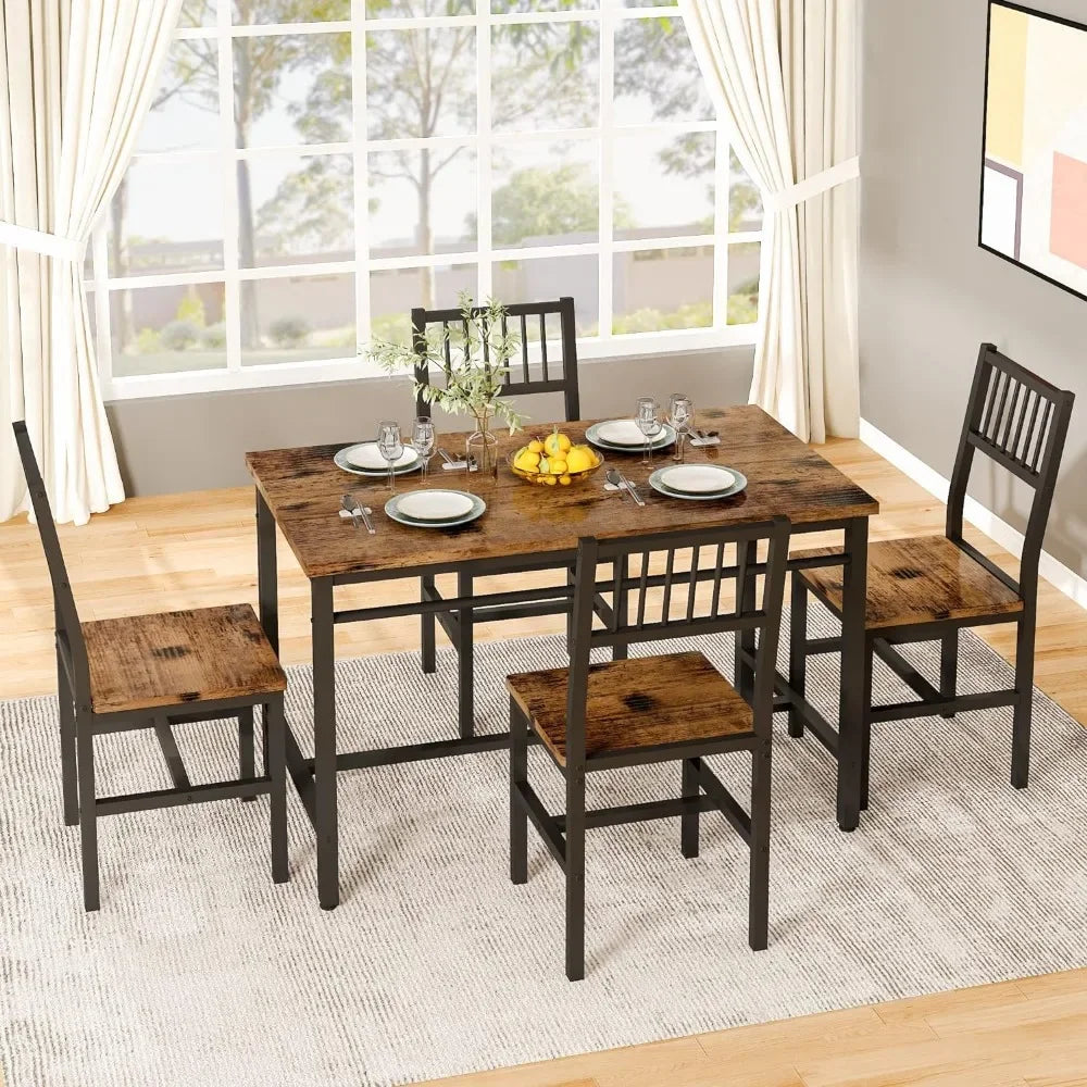 47.2 Inch 4 Person Dining Table Set, Industrial Table Set with 4 Curved Chairs, 5 Piece Restaurant Rectangular Table Set