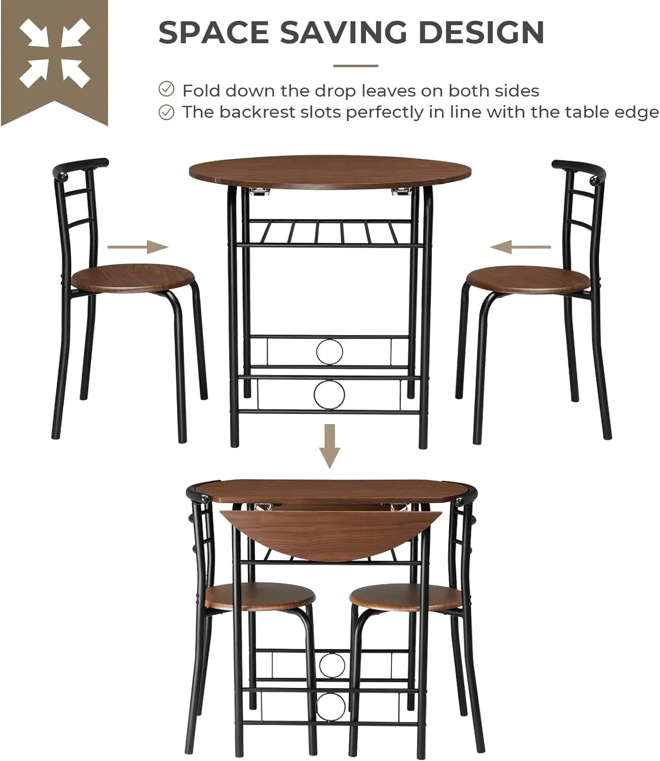 Comfort Corner Drop Leaf Dining Table Set 3 Pieces f,Small Kitchen Table Set for 2,Round Folding Table with 2 Chairs for Kitchen