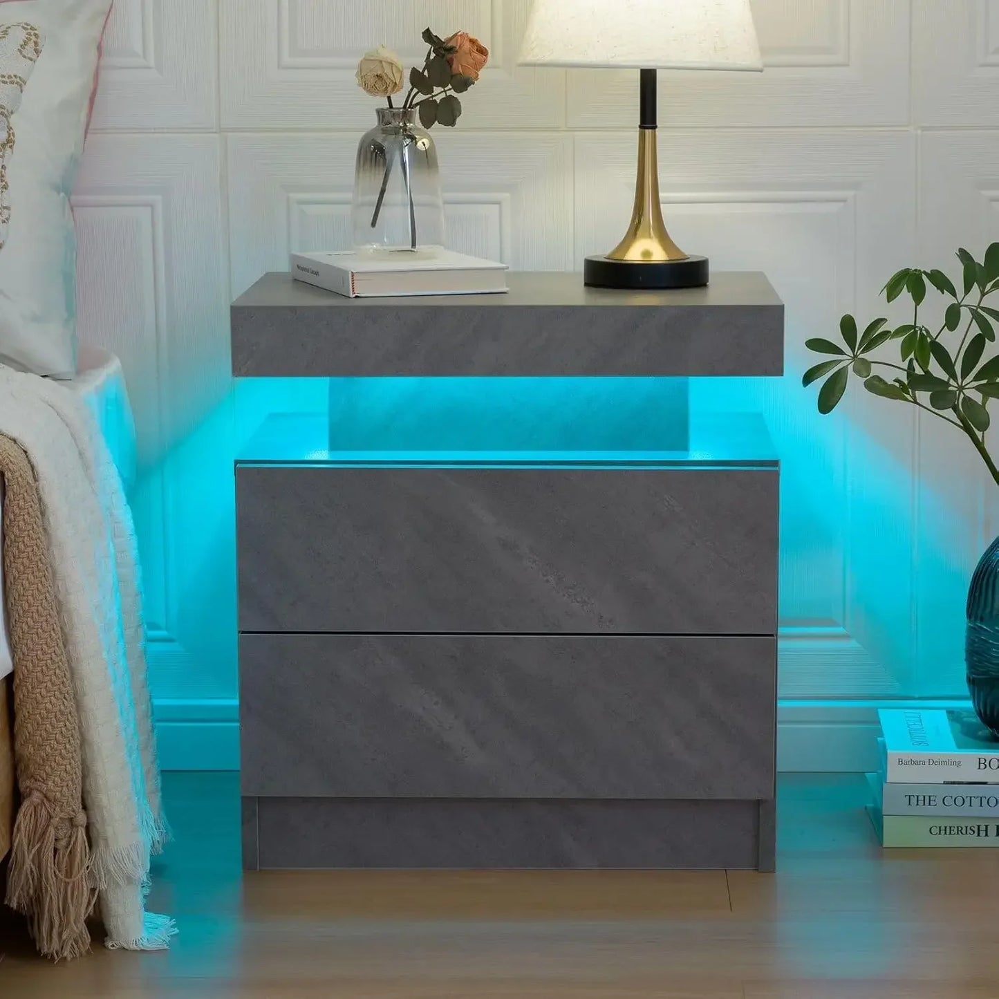 LED Nightstands with 2 Drawers, End Table with RGB LED Lights for Bedroom Living Room, White Bedside Table