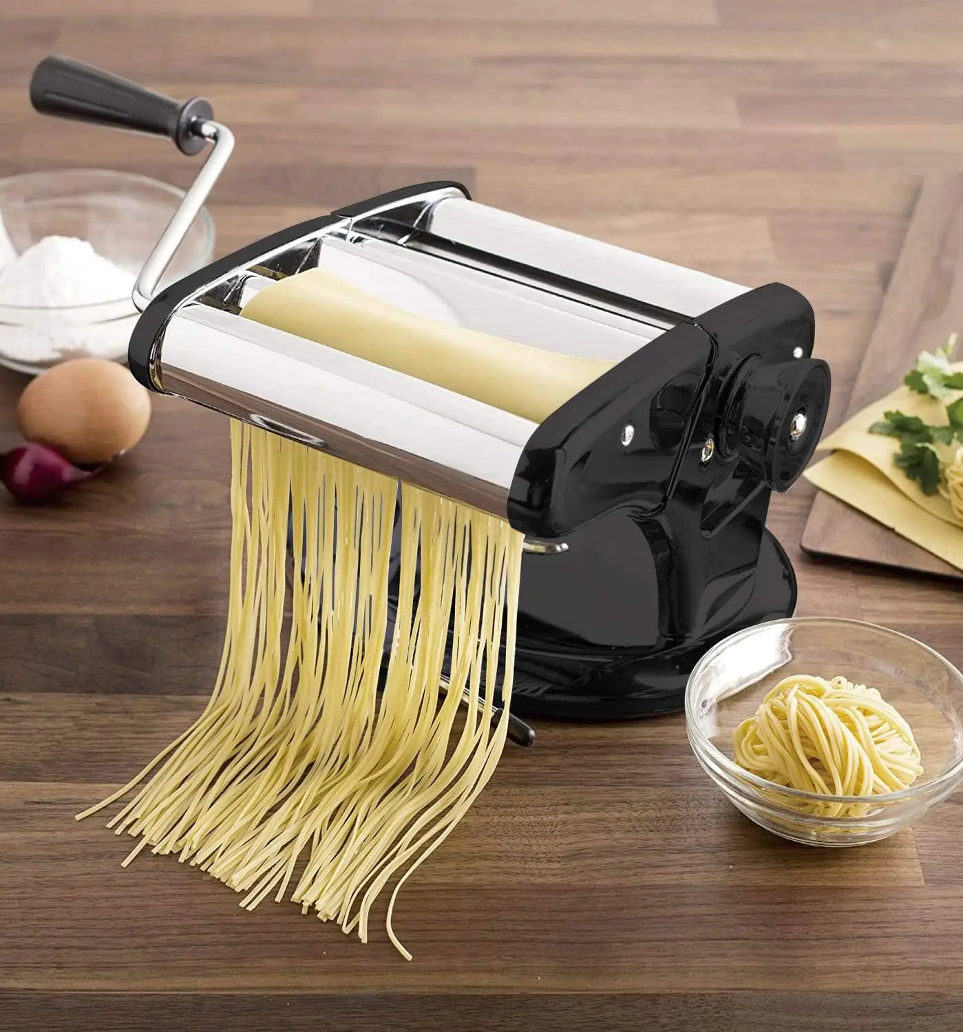 Stainless Steel Pasta Machine - 150 mm Roller with Patented Suction Base for No-Slip Use - Includes Pasta Cutter, Hand C