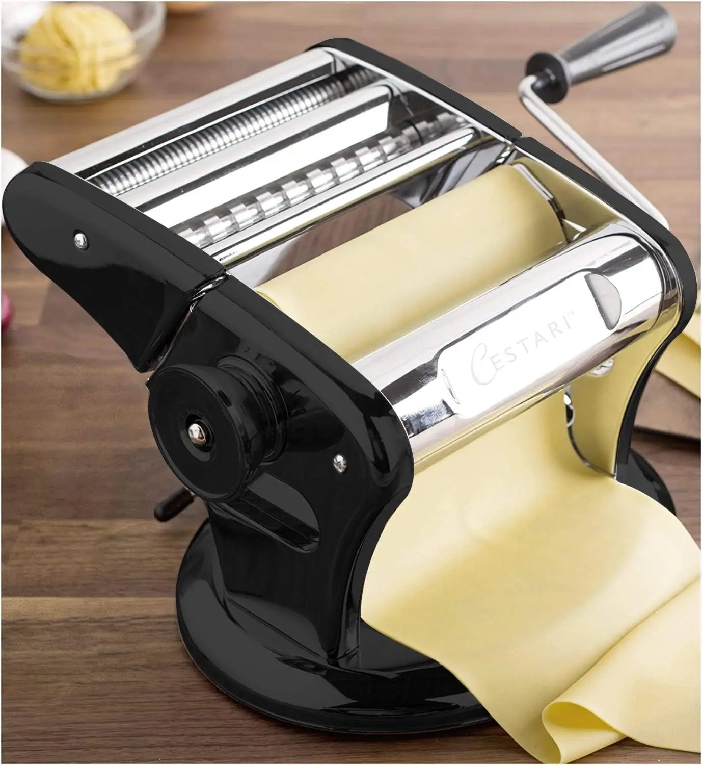 Stainless Steel Pasta Machine - 150 mm Roller with Patented Suction Base for No-Slip Use - Includes Pasta Cutter, Hand C