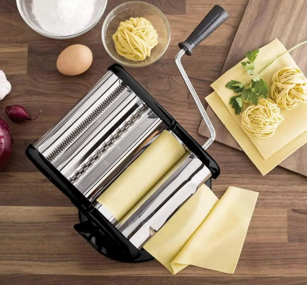 Stainless Steel Pasta Machine - 150 mm Roller with Patented Suction Base for No-Slip Use - Includes Pasta Cutter, Hand C