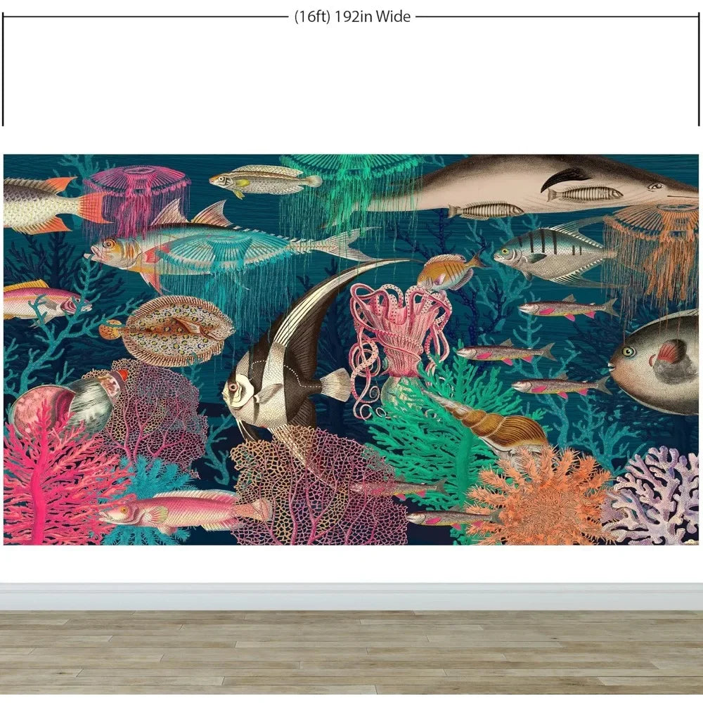 Vintage Retro Underwater Marine Sea Life Wall Mural.Beach/Nautical/Marine Life Theme Peel and Stick Wallpaper.9ft TallX16ft Wide