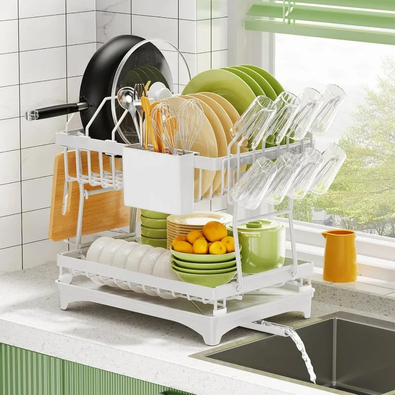 Rustproof Stainless Steel Dish Drying Rack,2 Tier Large Dish Rack for Kitchen Counter,Dish Rack with Drainboard,Utensil Holder