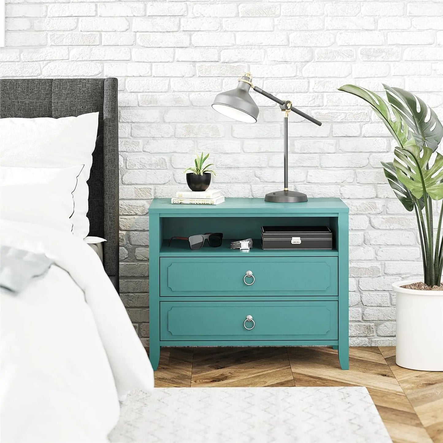 Her Majesty 2 Drawer Nightstand, Blue, Made of Painted MDF with Real Wood Legs, Suitable for Bedrooms and Living Rooms