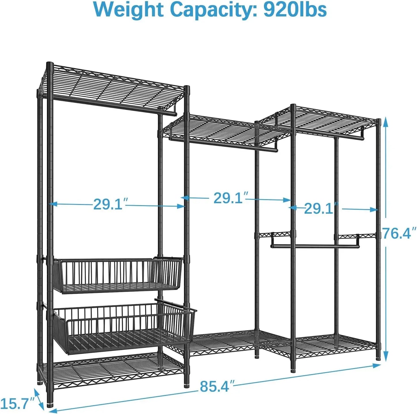 Wire Garment Rack 5 Tiers Heavy Duty Clothes Rack with Hanging Rods, Wire Shelves & 2 Slid Storage Baskets,