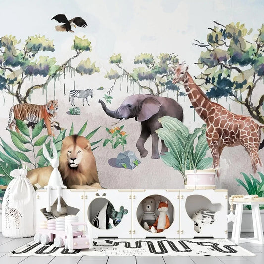 Safari Animal Elephant Giraffe Lion Wallpaper Jungle Wall Mural for Kids Removable Peel and Stick Nonwoven Nursery Kids Room