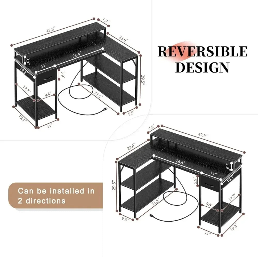 L Shaped Gaming Desk With LED Lights & Power Outlets. - Two Brothers DIY Store