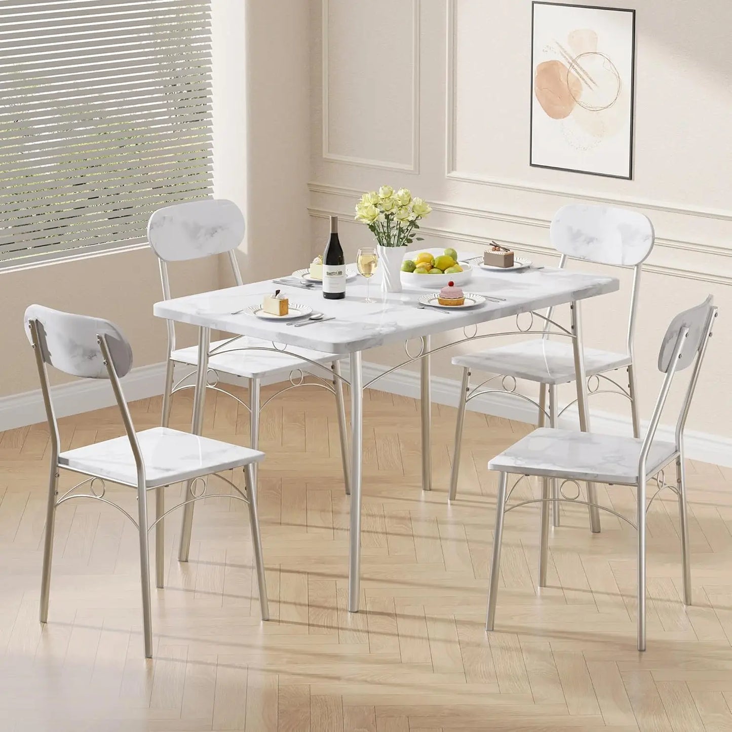 Dining Table Set for 4 5 Piece Dinette with Chairs for Kitchen, Breakfast Nook and Small Space, 43.3", White