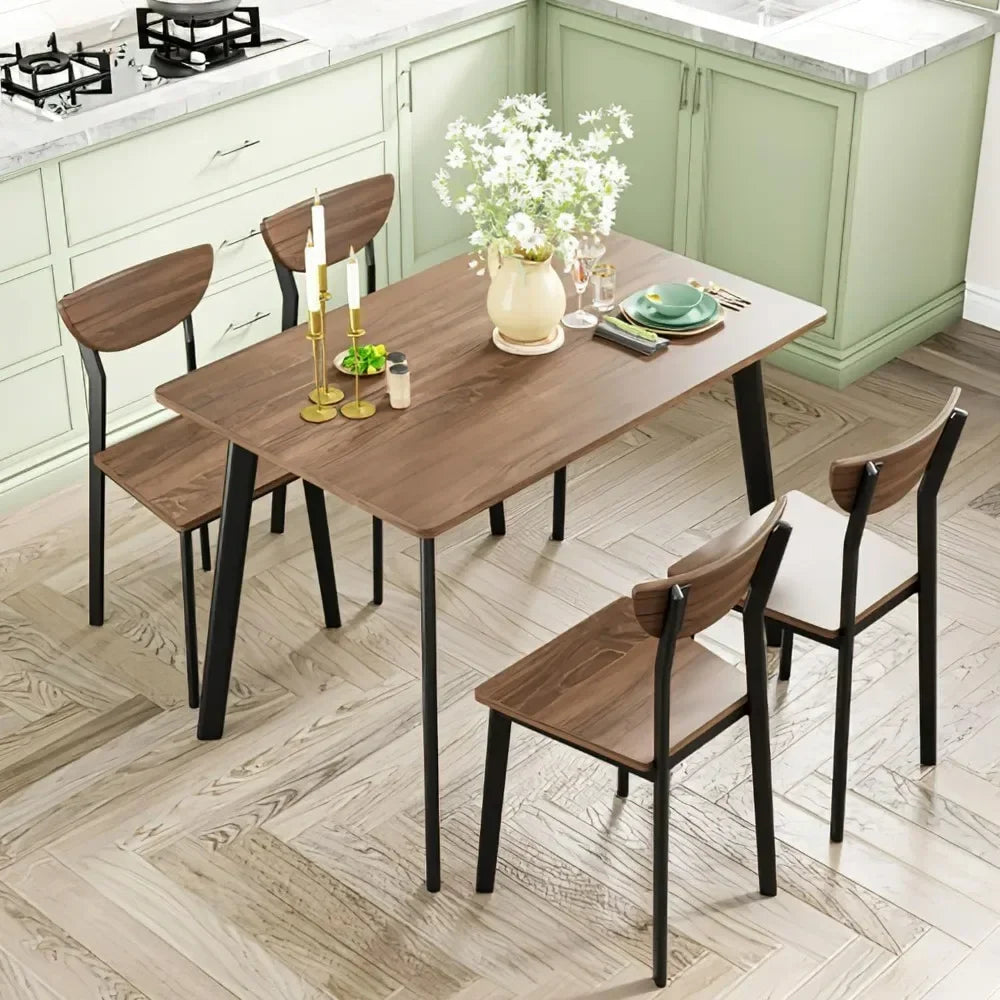 Modern Rectangular Dining Room Table and Chairs Set for 4, Brown Wooden Metal Table Set for Family Dinner, Party, and Work