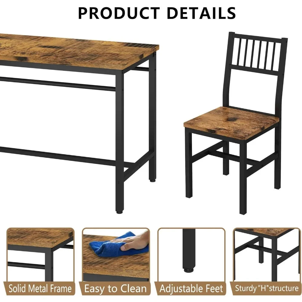 47.2 Inch 4 Person Dining Table Set, Industrial Table Set with 4 Curved Chairs, 5 Piece Restaurant Rectangular Table Set