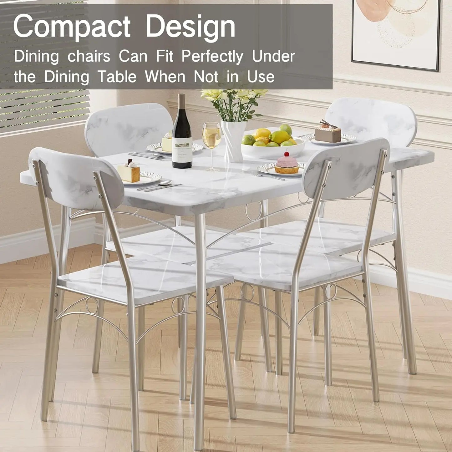 Dining Table Set for 4 5 Piece Dinette with Chairs for Kitchen, Breakfast Nook and Small Space, 43.3", White