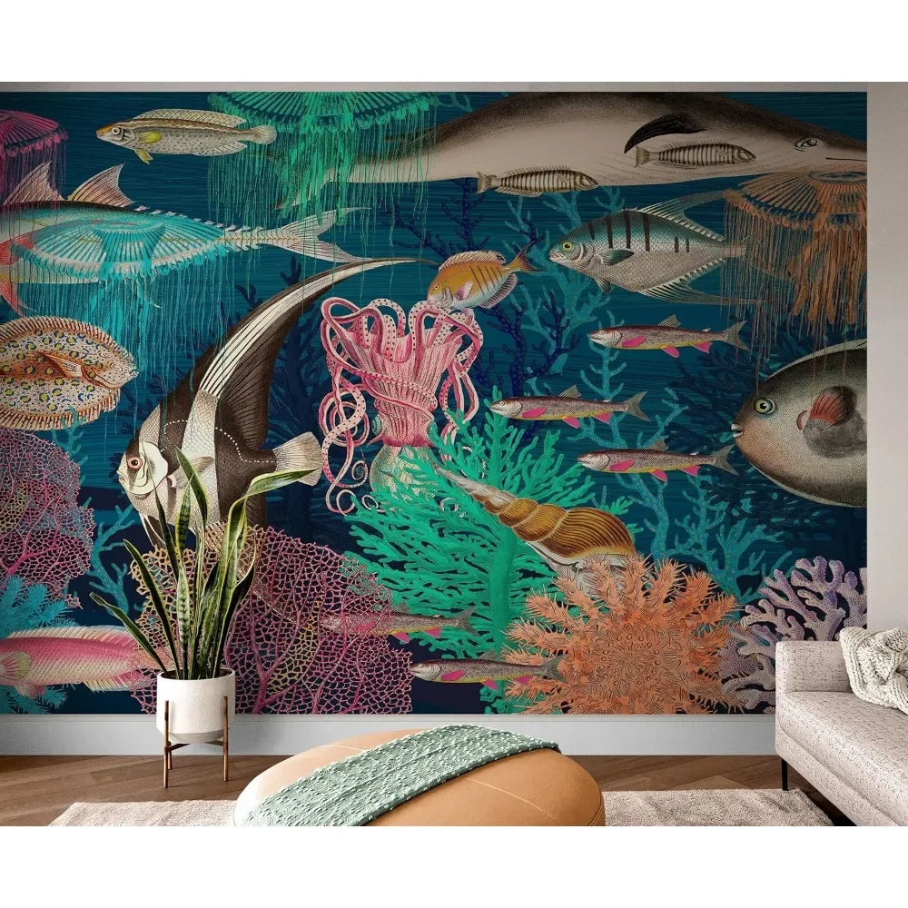 Vintage Retro Underwater Marine Sea Life Wall Mural.Beach/Nautical/Marine Life Theme Peel and Stick Wallpaper.9ft TallX16ft Wide