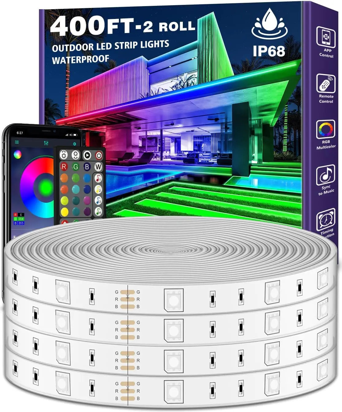 400ft Outdoor LED Strip Lights Waterproof,IP68 Outside Led Light Strips Waterproof with Bluetooth App Remote Control