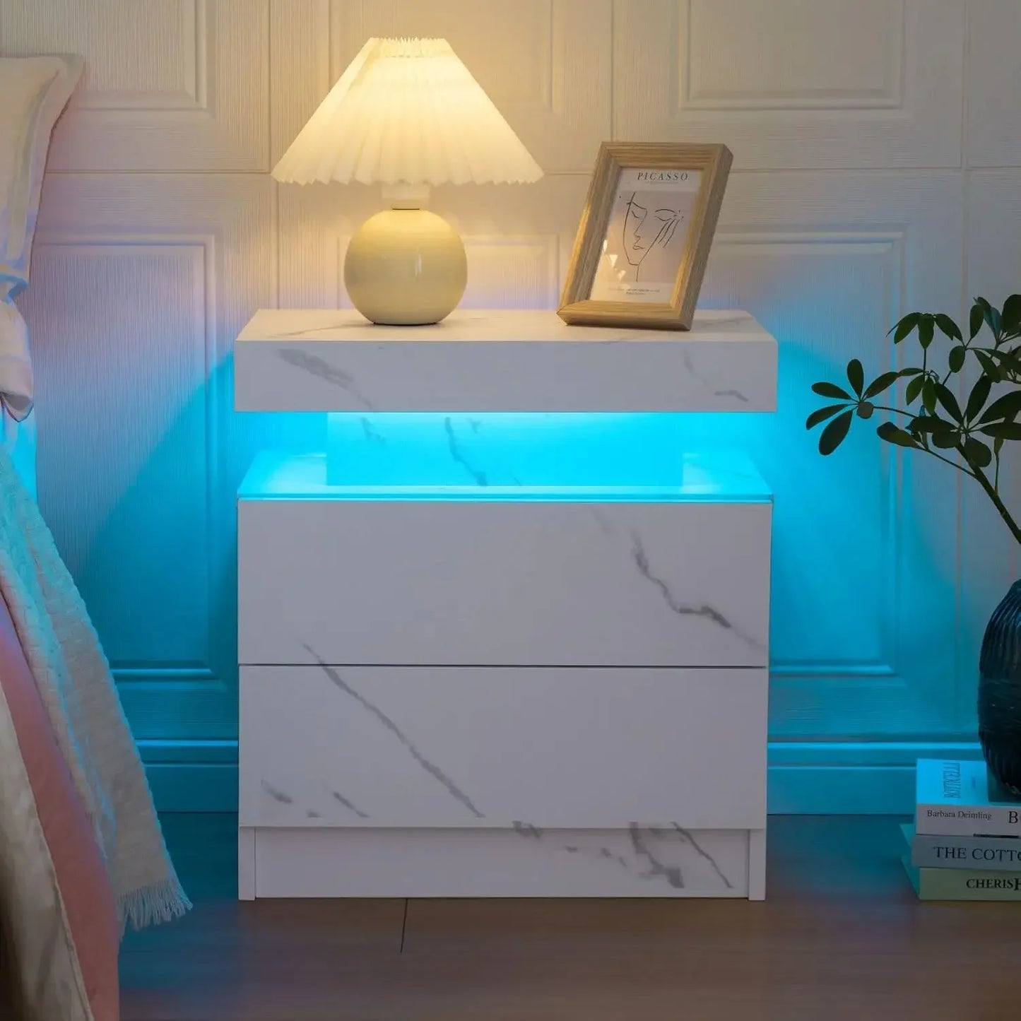 LED Nightstands with 2 Drawers, End Table with RGB LED Lights for Bedroom Living Room, White Bedside Table