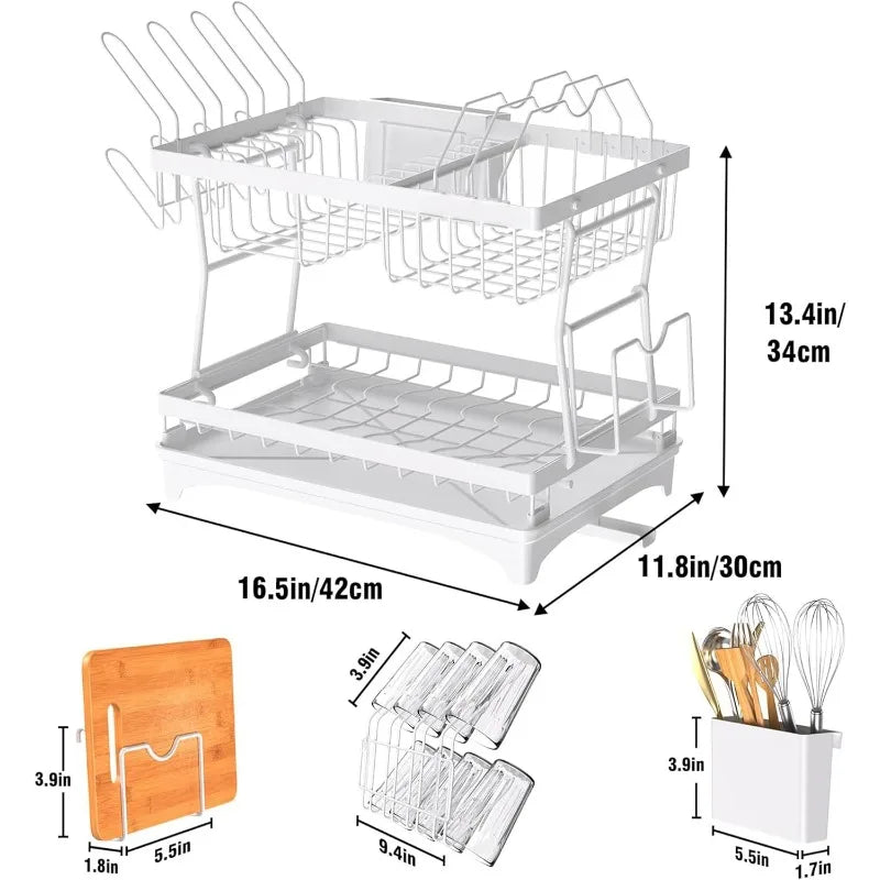 Rustproof Stainless Steel Dish Drying Rack,2 Tier Large Dish Rack for Kitchen Counter,Dish Rack with Drainboard,Utensil Holder