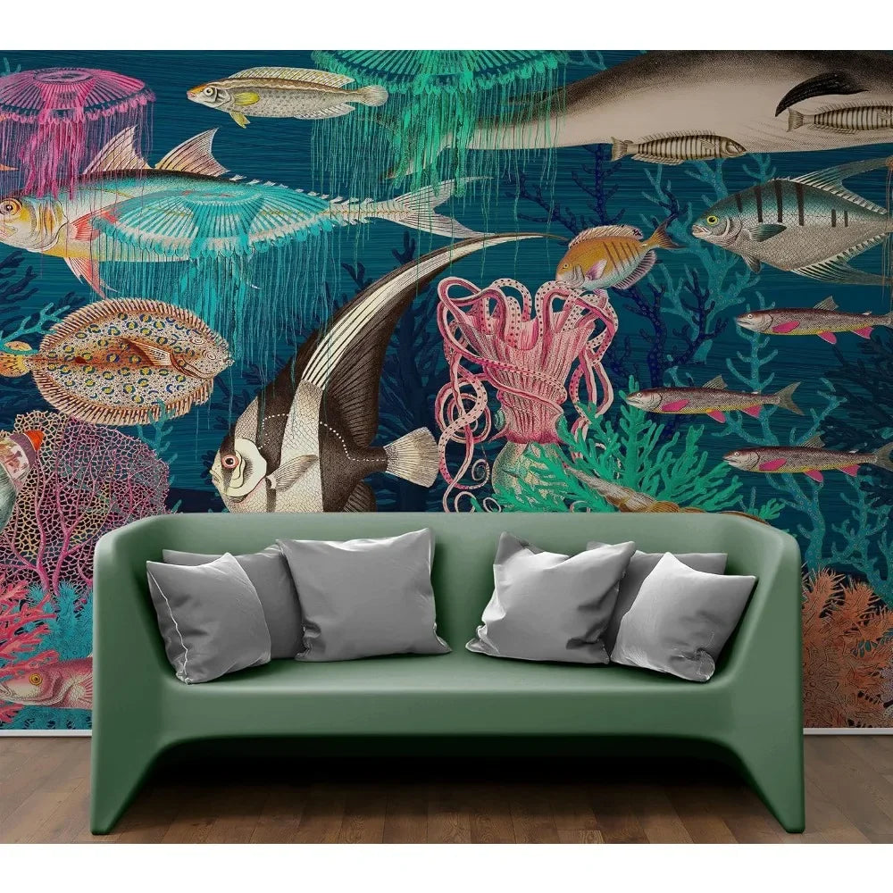 Vintage Retro Underwater Marine Sea Life Wall Mural.Beach/Nautical/Marine Life Theme Peel and Stick Wallpaper.9ft TallX16ft Wide