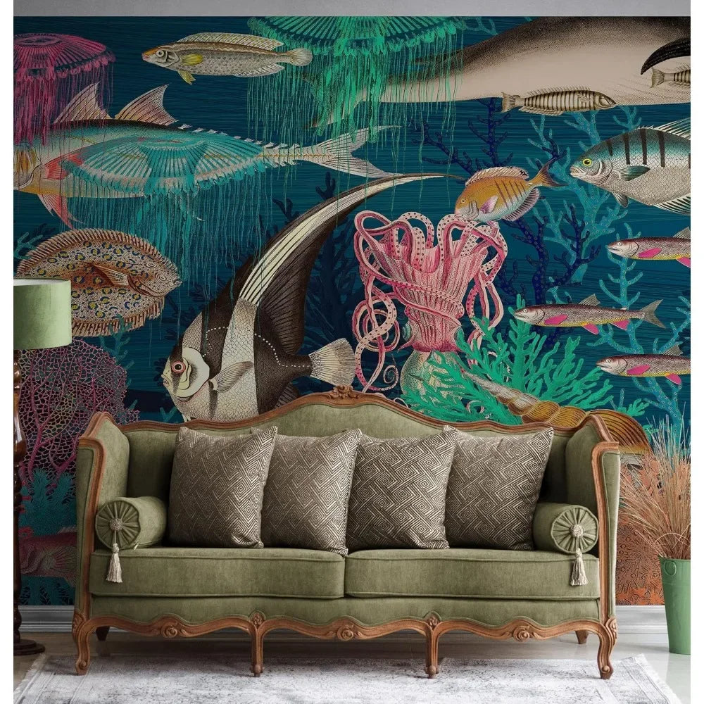 Vintage Retro Underwater Marine Sea Life Wall Mural.Beach/Nautical/Marine Life Theme Peel and Stick Wallpaper.9ft TallX16ft Wide