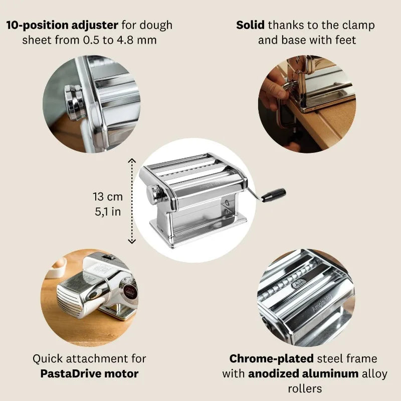 Classic Manual Pasta Machine, Chrome Steel. Makes Lasagne, Fettuccine & Tagliolini.