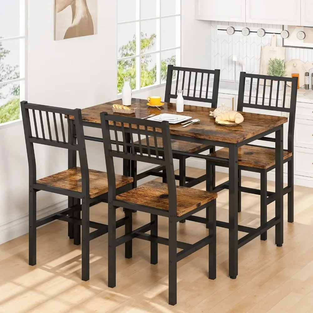 47.2 Inch 4 Person Dining Table Set, Industrial Table Set with 4 Curved Chairs, 5 Piece Restaurant Rectangular Table Set