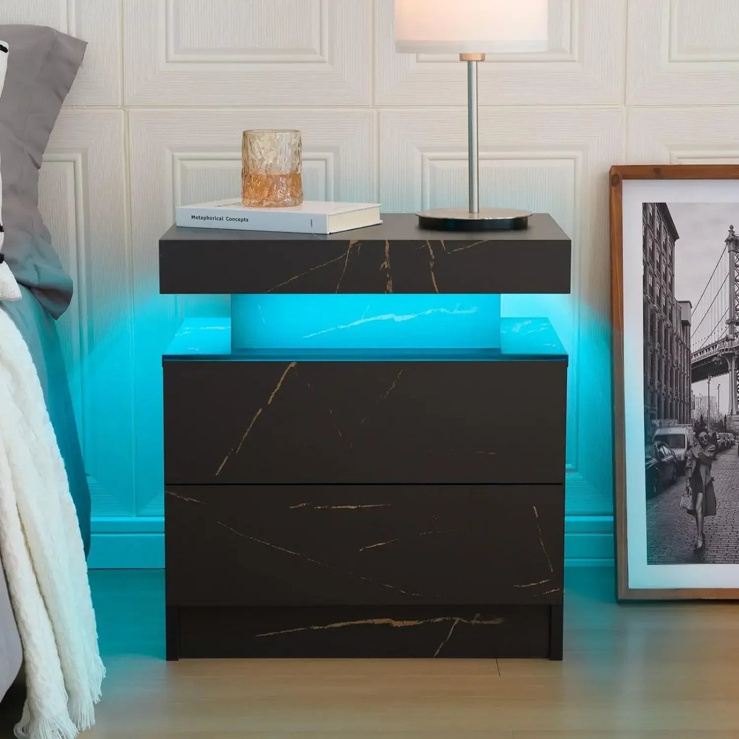 LED Nightstands with 2 Drawers, End Table with RGB LED Lights for Bedroom Living Room, White Bedside Table