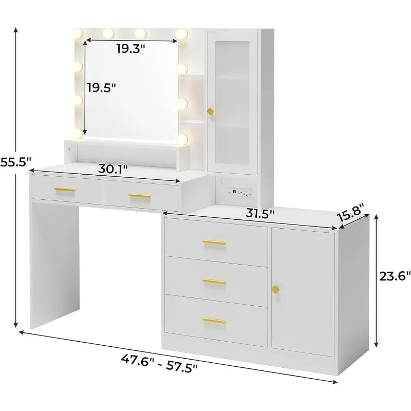 Vanity Desk with Mirror and Lights, Makeup Vanity with Lights & Charging Station, White Vanity with Ambient Light