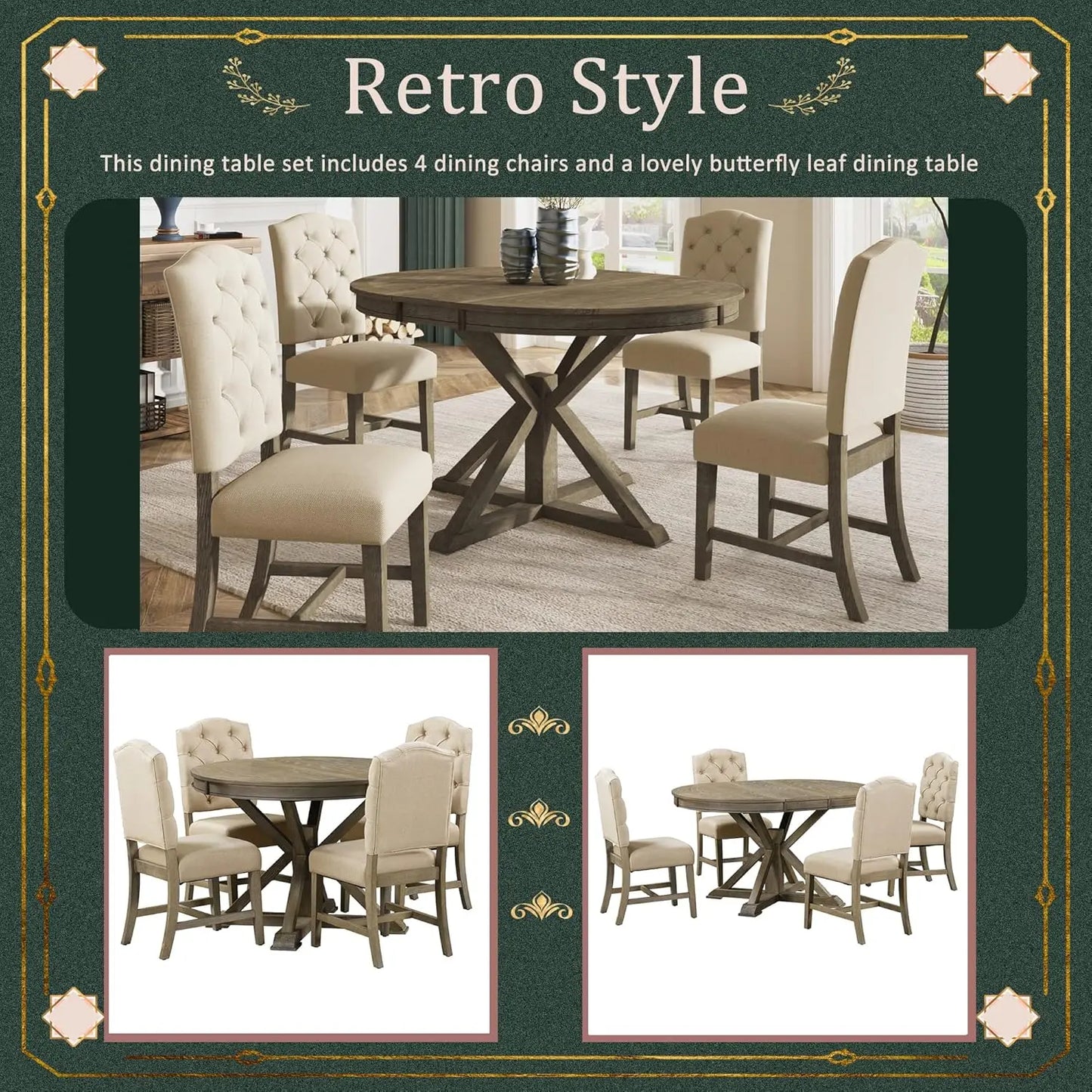 Retro Style 5-Piece Round Dining Table Set for 4, Extendable Table with 4 Upholstered Chairs for Dining Room,Living Room