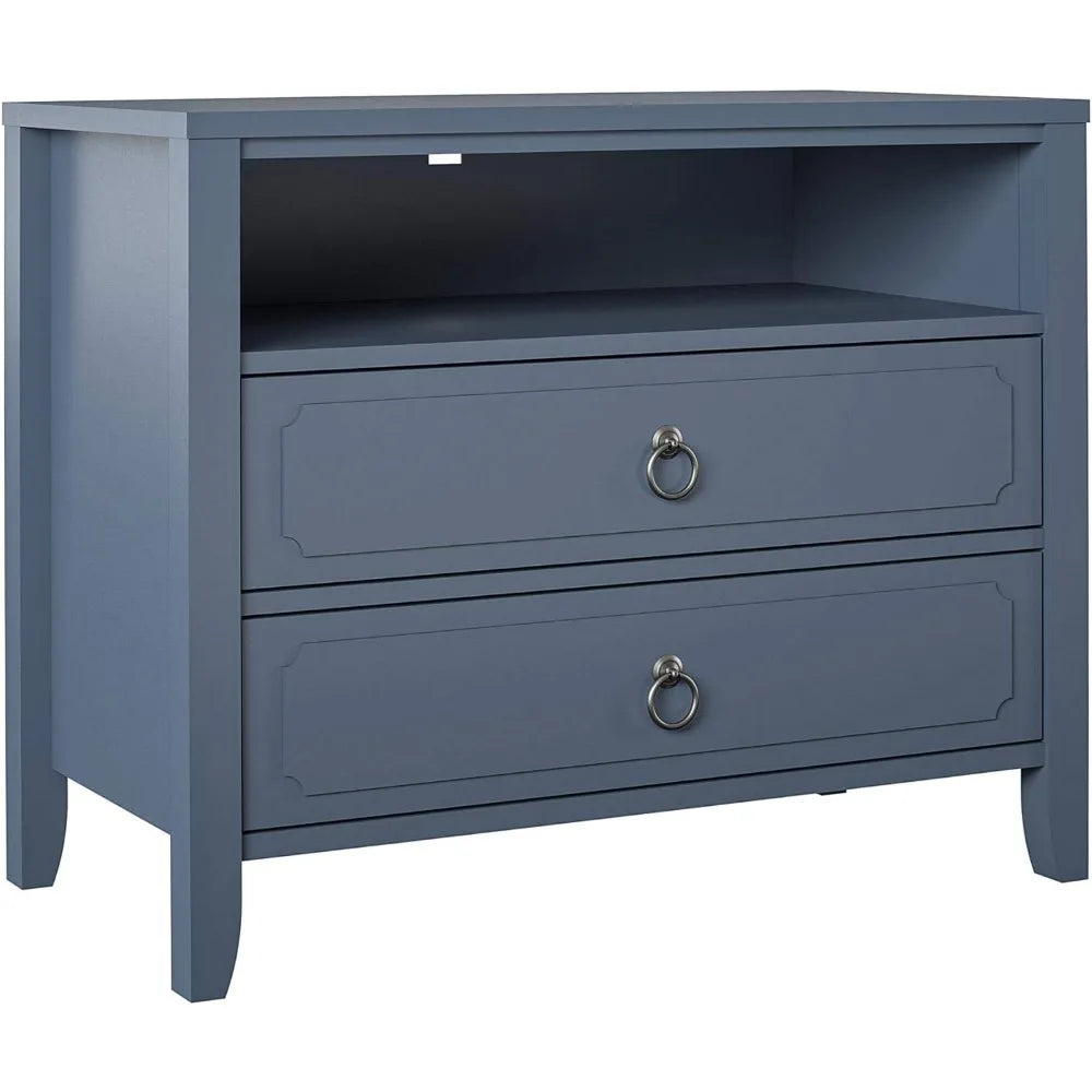 Her Majesty 2 Drawer Nightstand, Blue, Made of Painted MDF with Real Wood Legs, Suitable for Bedrooms and Living Rooms