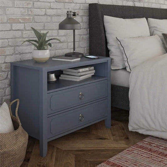 Her Majesty 2 Drawer Nightstand, Blue, Made of Painted MDF with Real Wood Legs, Suitable for Bedrooms and Living Rooms