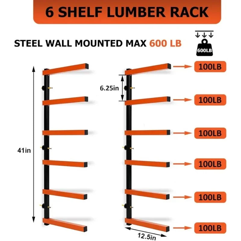 6 Pair of 6 Levels Shelf Lumber Rack Lumber Storage Rack Lumber Organizer Wood Organizer Steel Wall Mounted Max 600