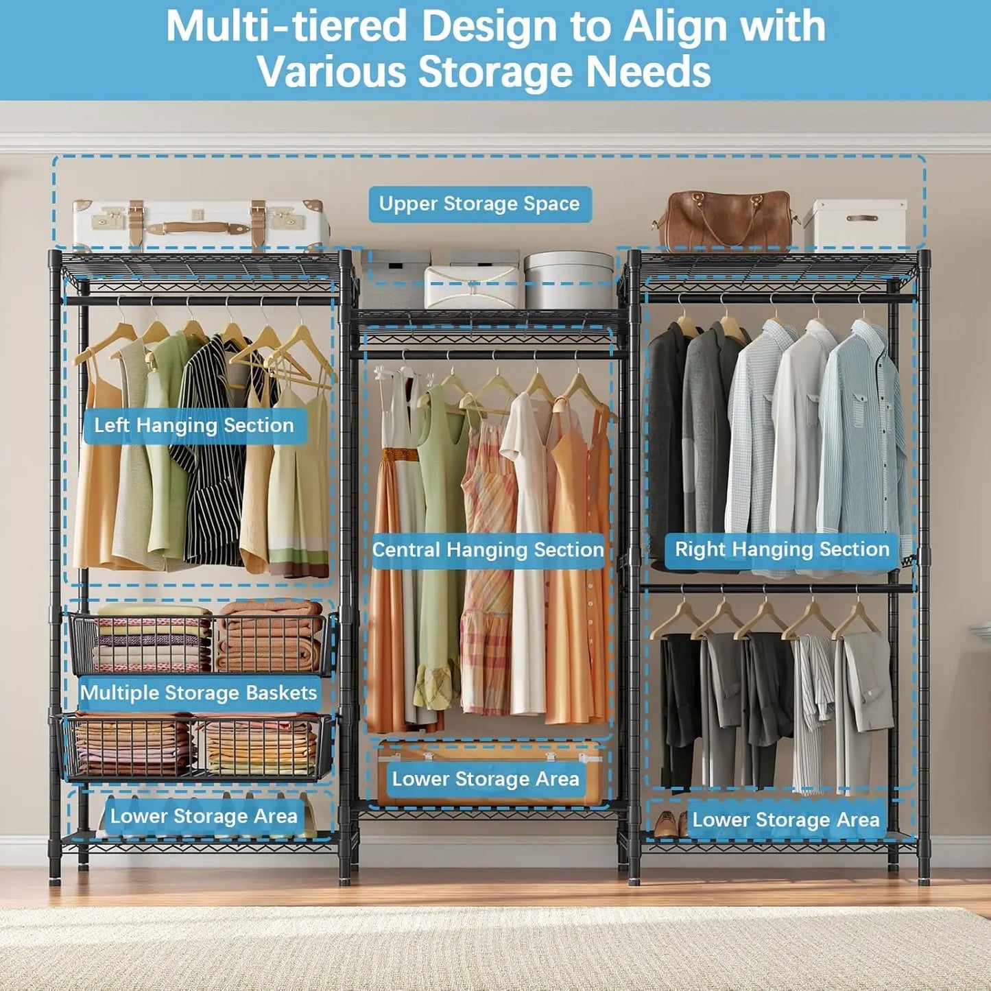 Wire Garment Rack 5 Tiers Heavy Duty Clothes Rack with Hanging Rods, Wire Shelves & 2 Slid Storage Baskets,