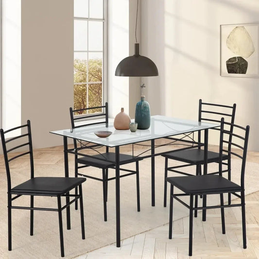 Kitchen dining table and chairs 5-piece set, classic dining table set, glass top table and 4 rectangular chairs with metal legs