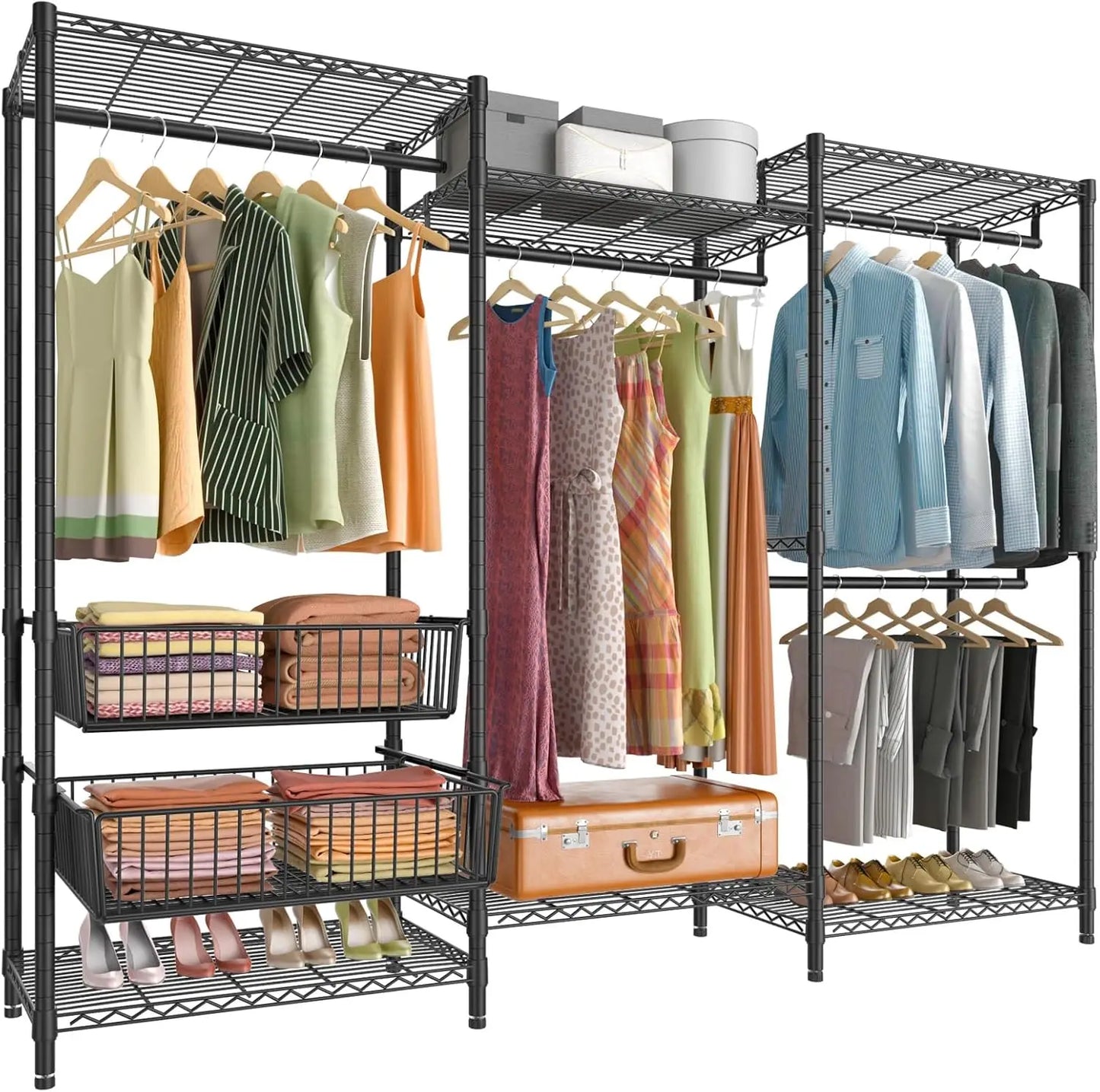 Wire Garment Rack 5 Tiers Heavy Duty Clothes Rack with Hanging Rods, Wire Shelves & 2 Slid Storage Baskets,