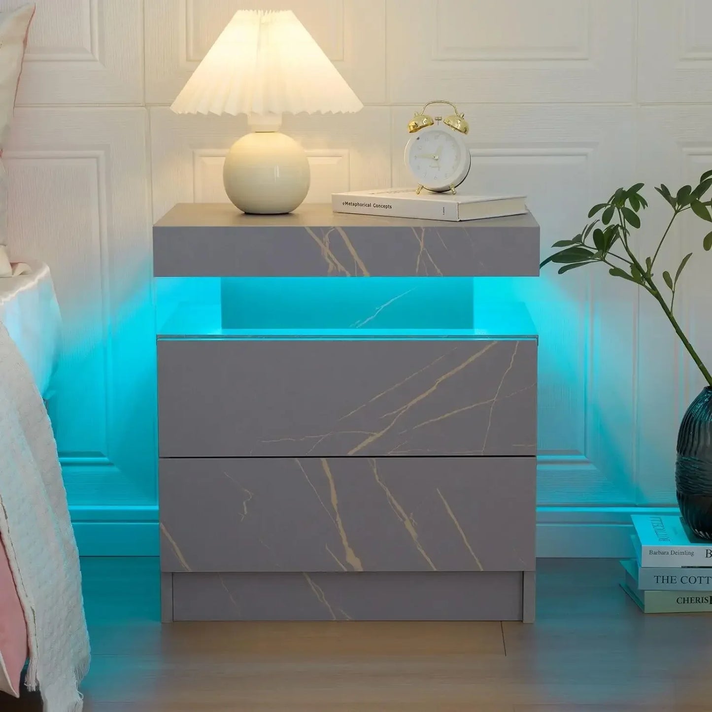 LED Nightstands with 2 Drawers, End Table with RGB LED Lights for Bedroom Living Room, White Bedside Table