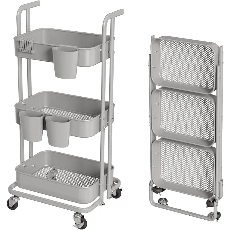 3 Tier White Metal Foldable Rolling Cart. - Two Brothers DIY Store