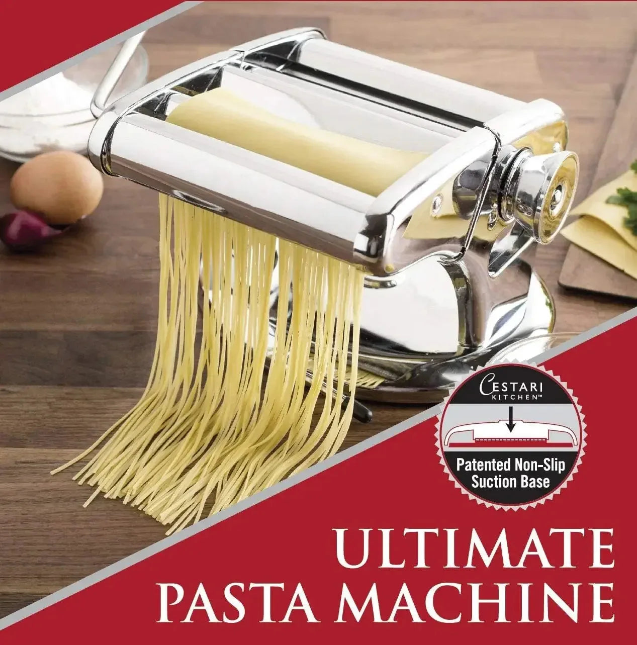 Ultimate Pasta Machine - Unique Patented Suction Base for No-Slip Use of Stainless Steel Pasta Roller Machine - 150