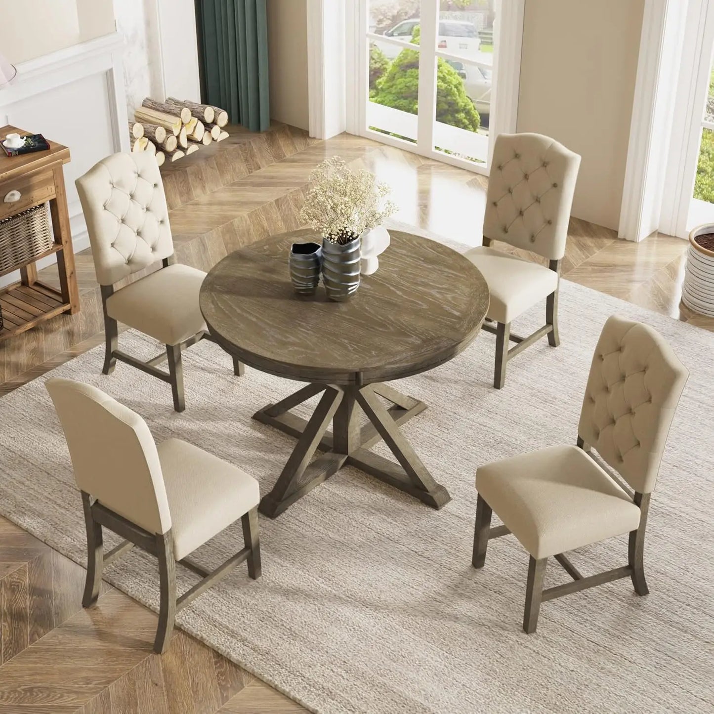 Retro Style 5-Piece Round Dining Table Set for 4, Extendable Table with 4 Upholstered Chairs for Dining Room,Living Room