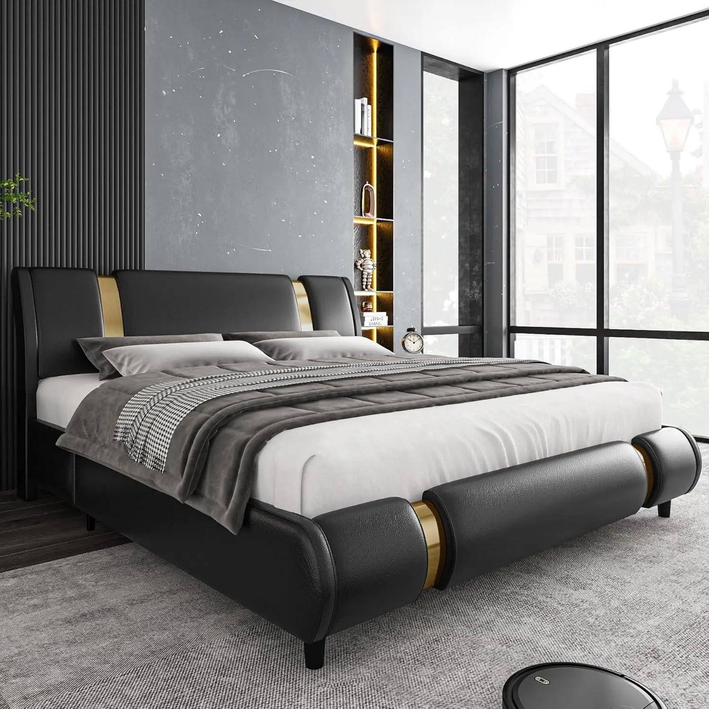 Platform bed frame, upholstered in faux leather, gold iron metal upholstery, adjustable curved headboard platform bed frame