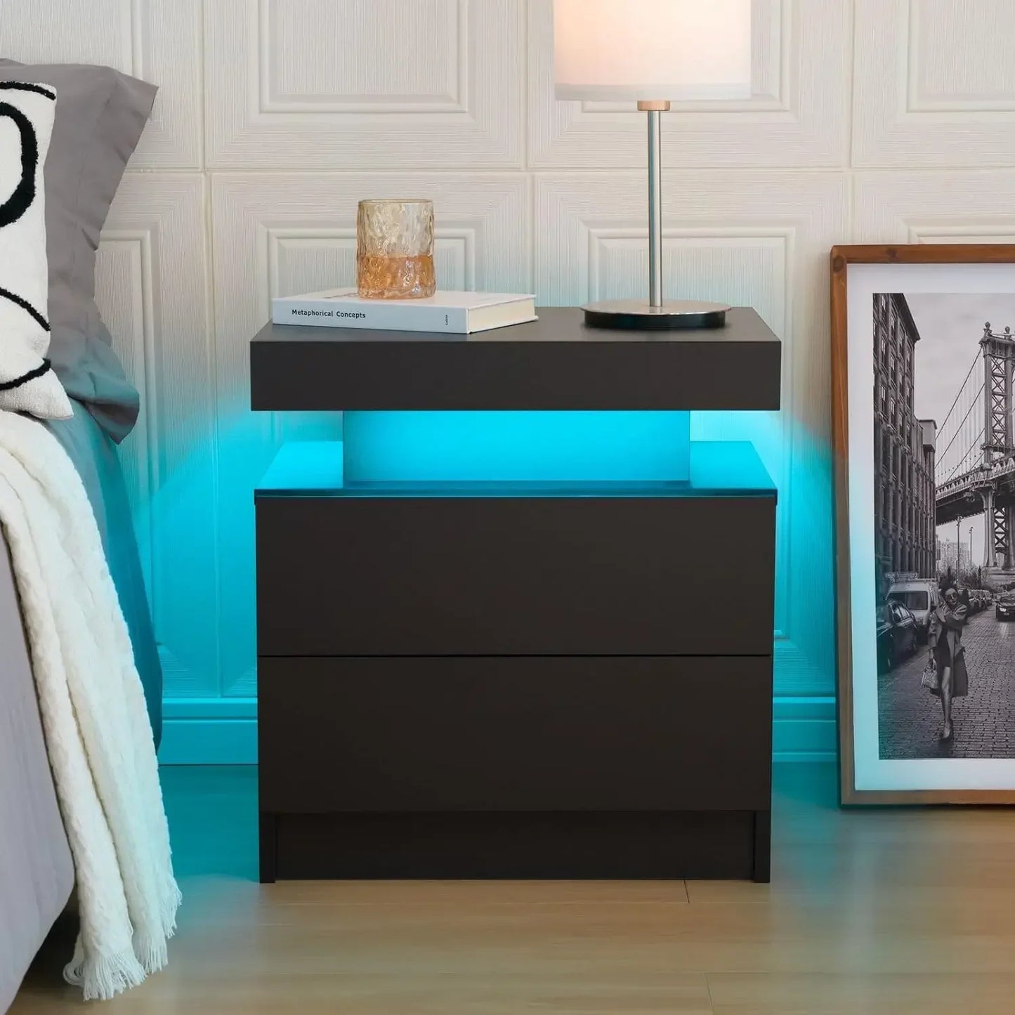 LED Nightstands with 2 Drawers, End Table with RGB LED Lights for Bedroom Living Room, White Bedside Table