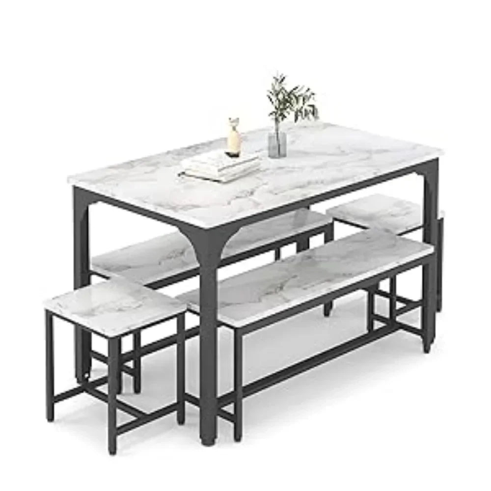 Dining table set, 5 piece kitchen table and 6 chairs, heavy duty dining table with metal frame and faux marble countertops