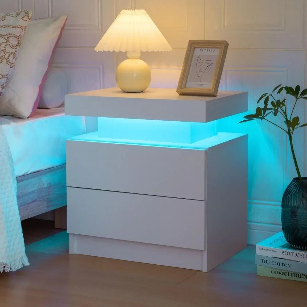 LED Nightstands with 2 Drawers, End Table with RGB LED Lights for Bedroom Living Room, White Bedside Table