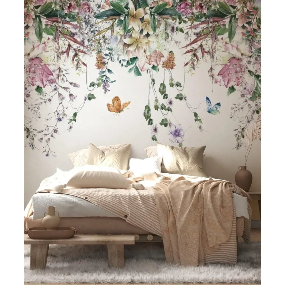 Removable Wallpaper Colorful Flowers Mural, Floral Boho Wall Murl, wallpaper floral, Pastel floral wallpaper Textured Non Woven