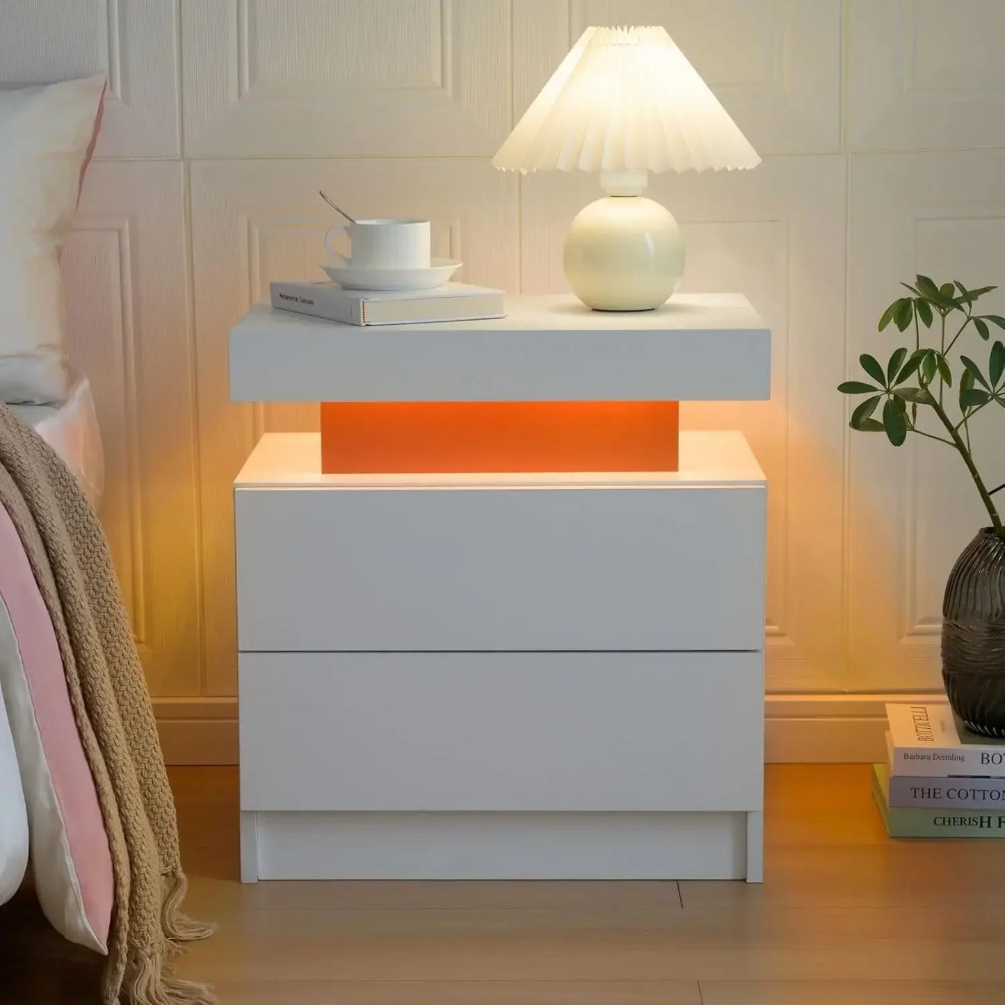 LED Nightstands with 2 Drawers, End Table with RGB LED Lights for Bedroom Living Room, White Bedside Table