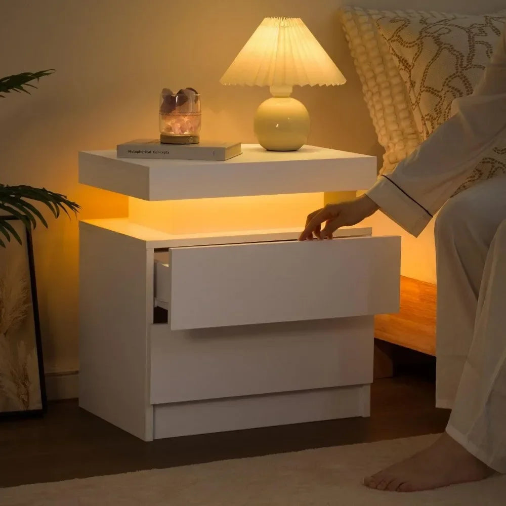 LED Nightstands with 2 Drawers, End Table with RGB LED Lights for Bedroom Living Room, White Bedside Table